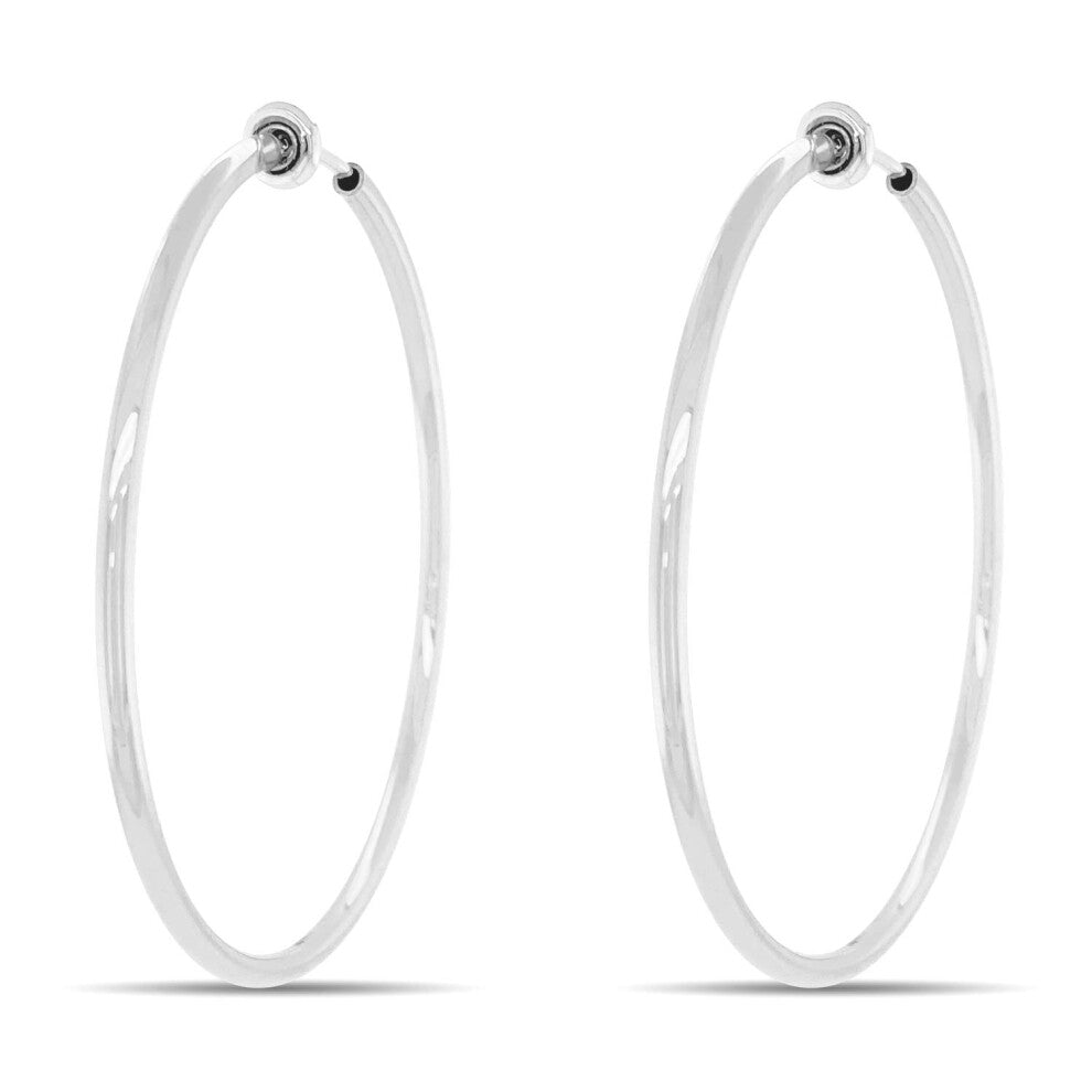 Aloha Earrings - Clip On Hoop Earrings for Women - Silver and Gold-Tone Brass Spring Hoops for Non-Pierced Ears (Bright Silver XL)