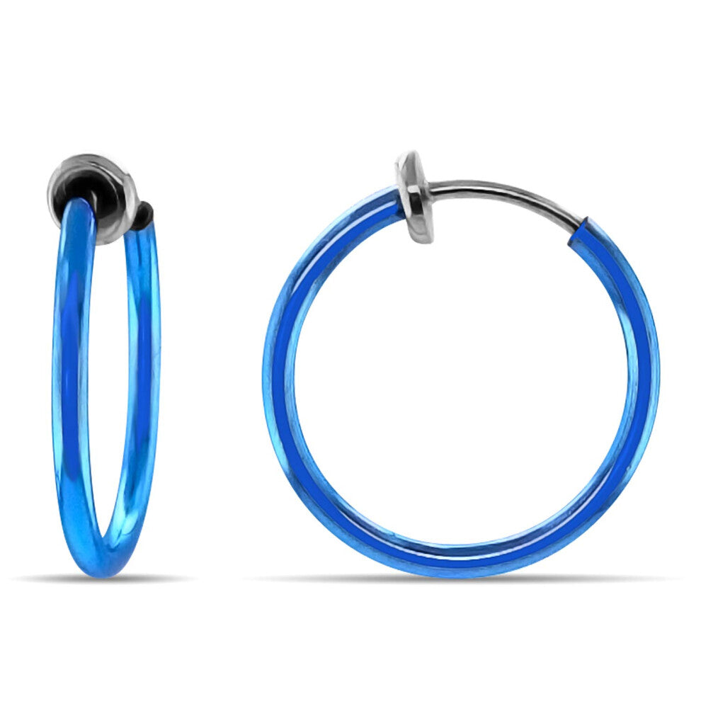Aloha Earrings - Clip On Hoop Earrings for Women - Silver and Gold-Tone Brass Spring hoops for Non-Pierced Ears (Blue Small)