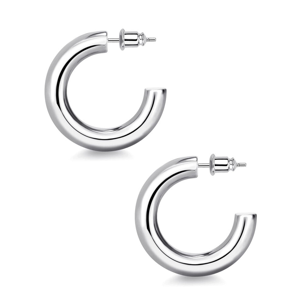 Wowshow Chunky Hoop Earrings, Thick Hoop Earrings for Women Silver Plated 30mm Big Open Hoops Lightweight