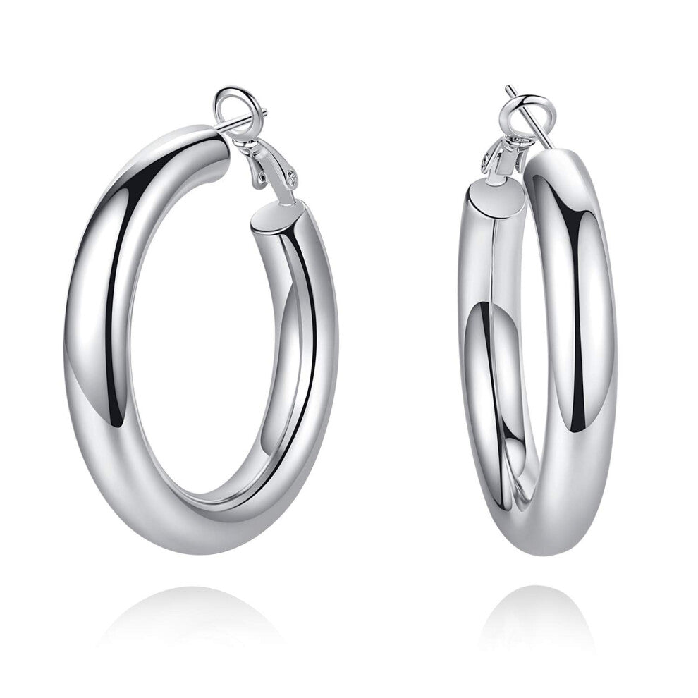 SHOWNII Chunky Silver Hoop Earrings, 14K White Gold Plated Large Chunky Tube Hoop Earrings for Women Lightweight Thick Hoops