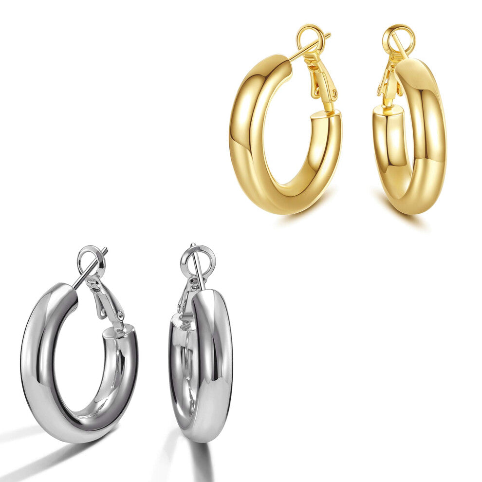 SHOWNII Chunky Gold Hoop Earrings Set, 14K Gold Plated Chunky Tube Hoop Earrings Set for Women Lightweight Thick Hoops