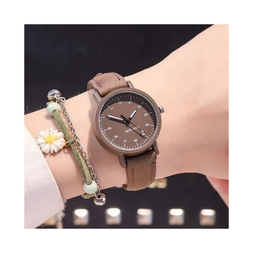 (Coffee(No Bracelet)) Women Watch PU Leather Strap Women Quartz Watches Waterproof Round Dial