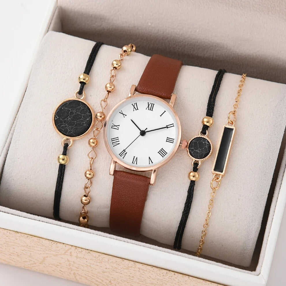 (5PCS SetCoffee White) 5PCS Luxury Fashion Watch Set Women Leather Band Quartz Wristwatch Watches
