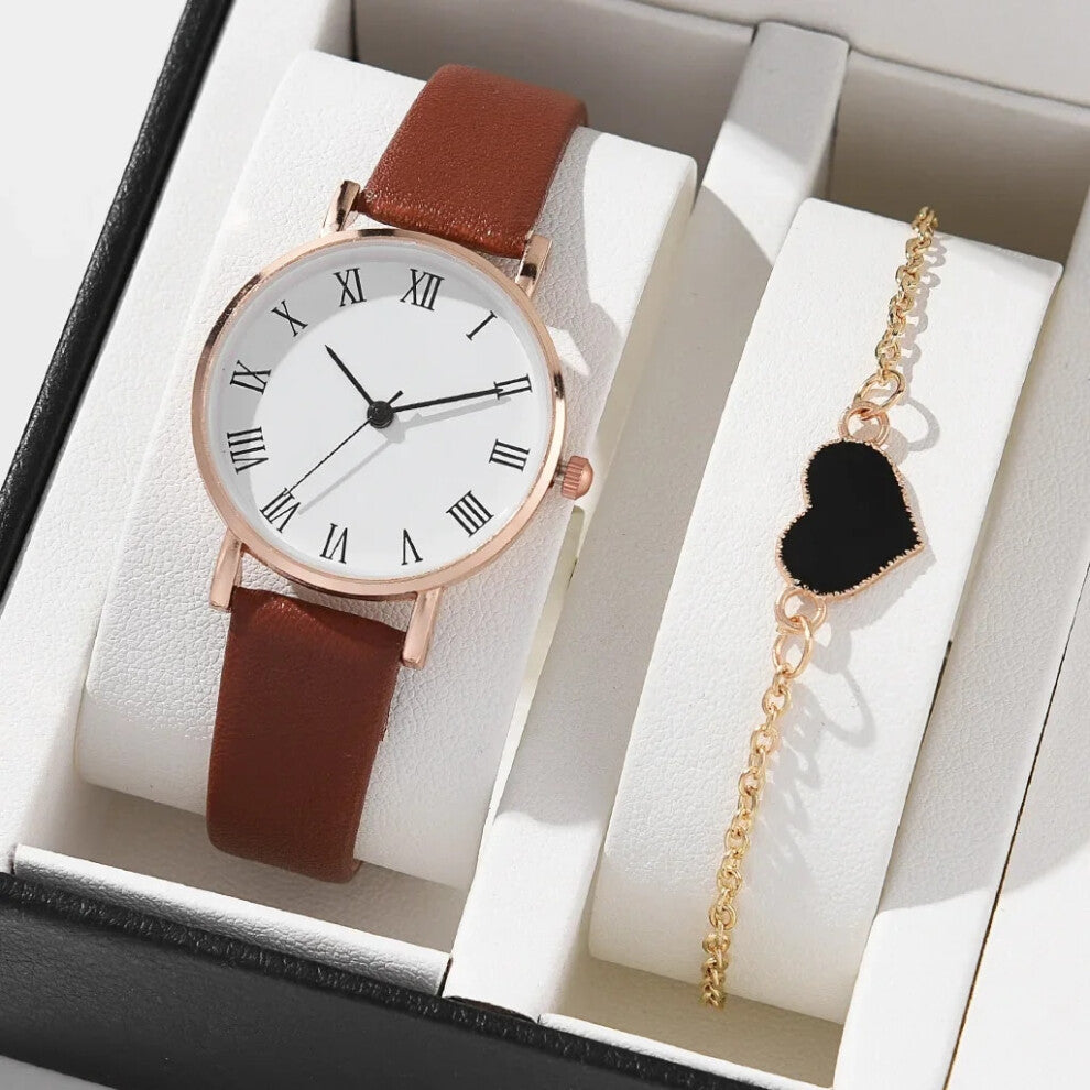 (2PCS SetCoffee White) 5-2PCS Set Watch for Women Luxury Leather Analog Ladies Quartz Wrist Watch