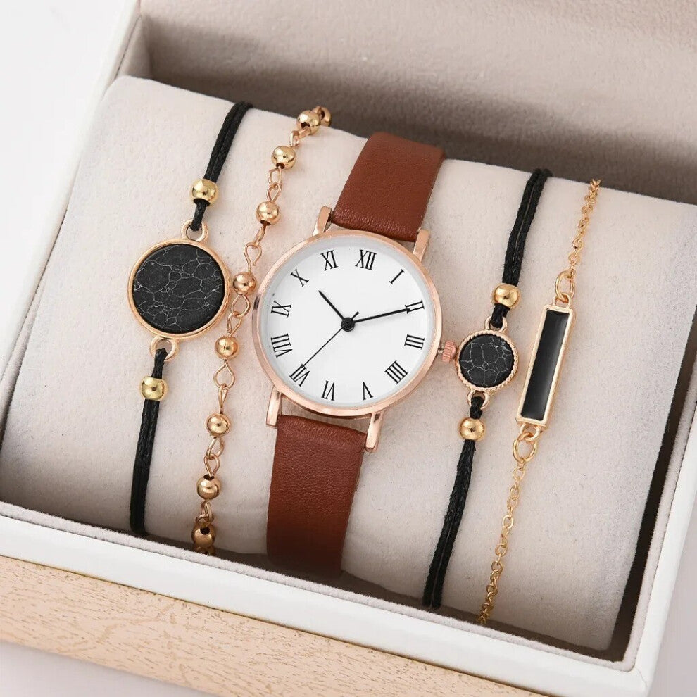 (5PCS SetCoffee White) 5-2PCS Set Watch for Women Luxury Leather Analog Ladies Quartz Wrist Watch