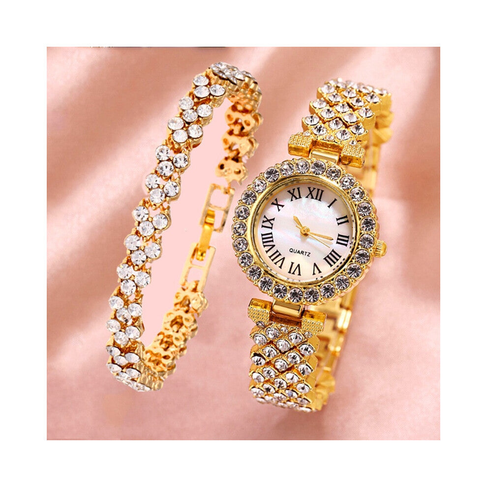(watch with bracelet1) Luxury Women Shiny Watches 2pcs Set Rose Gold Watch Fashion Ladies Elegant