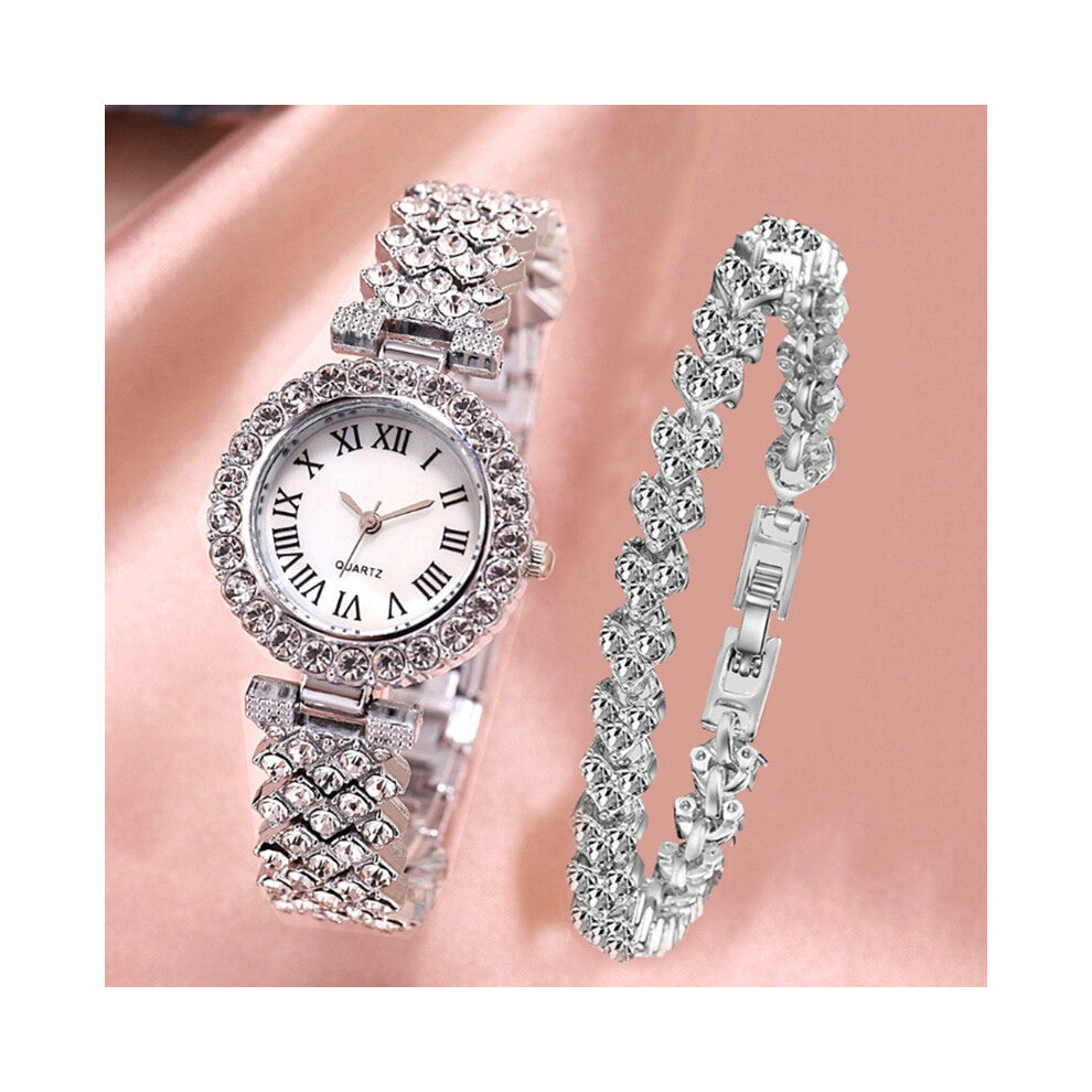 (watch with bracelet2) Luxury Women Shiny Watches 2pcs Set Rose Gold Watch Fashion Ladies Elegant