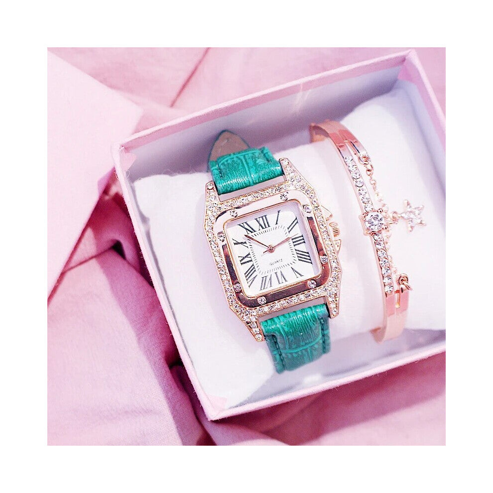 (GreenWithBracelet) Women Square Diamond Watches Set Ladies Leather Quartz Wristwatches Female