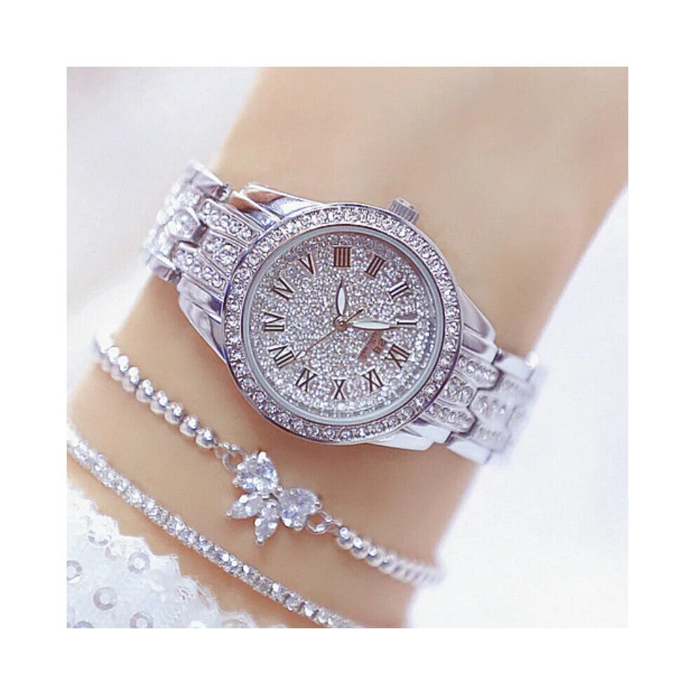 (Silver with1Bracelet) Diamond Women Watch Rhinestone Ladies Silver Watches Clock Wristwatch