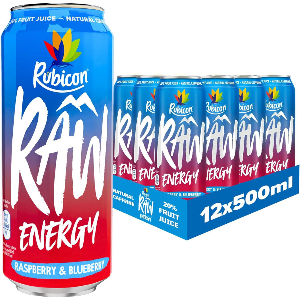 (Raspberry & Blueberry) Rubicon RAW 12 Pack Apple & Guava 500ml Energy Drink, 20% Real Fruit Juice, High caffeine with B-Vitamins, Ginseng & Guarana