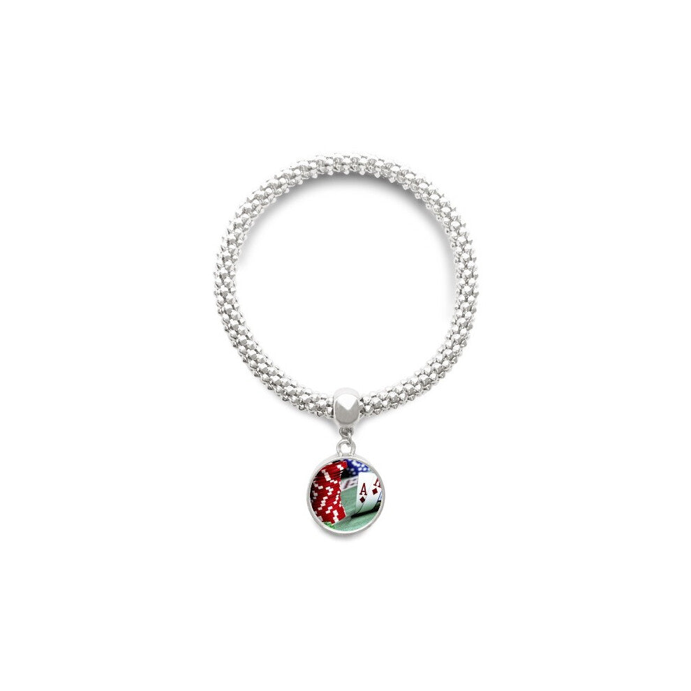 Scattered Poker Gambling Photo Chips Sliver Bracelet Pendant Jewelry Chain Adjustable Bangle