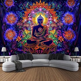Buda boêmio tapeçaria de luz negra uv reativo brilho no escuro lótus trippy enevoado natureza paisagem tapeçaria suspensa mural de arte de parede para sala de