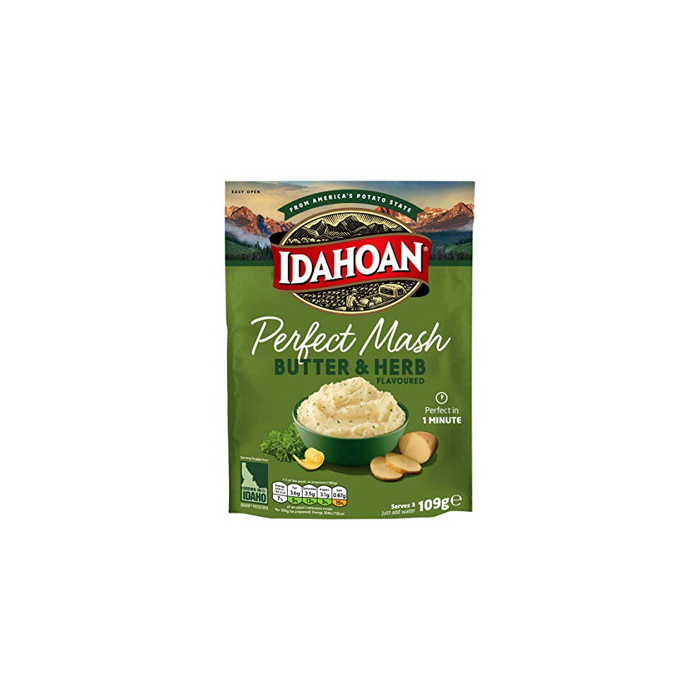 Idahoan Potato Mash, Gluten Free, Vegetarian, Cooks in 1 Minute, Pantry Food, Butter and Herb Bulk, 109 g (Pack of 12)