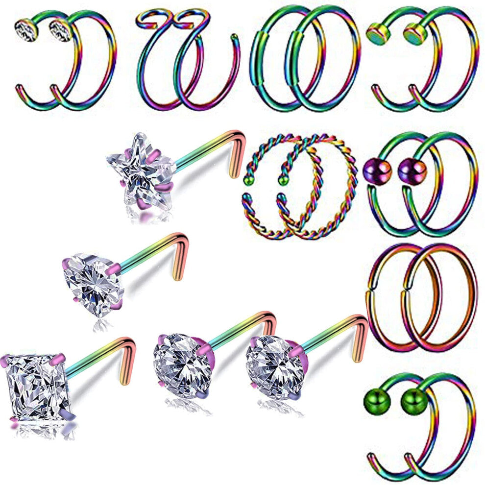 Nose Rings Hoops Surgical Steel 20g Nose Rings for women (Rainbow L)