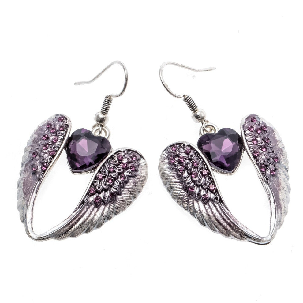 Szxc Women Guardian Angel Wings Heart Dangle Drop Earrings Biker Jewel
