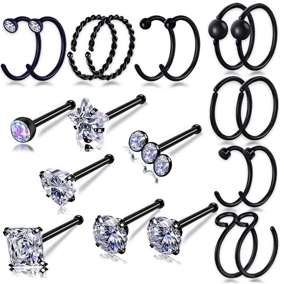 20G Black Surgical Steel Nose Pin Ring Stud Nose Ring Hoop Nose Hoops