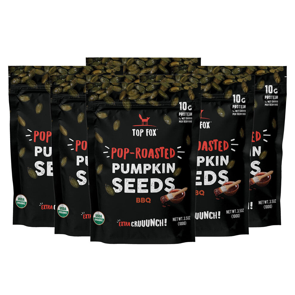 Top Fox Snacks - Organic Pop-Roasted Pumpkin Seeds  Healthy Protein Snacks - gluten Free - Keto and Vegan Friendly (BBQ  35 oz - 6 Pack)