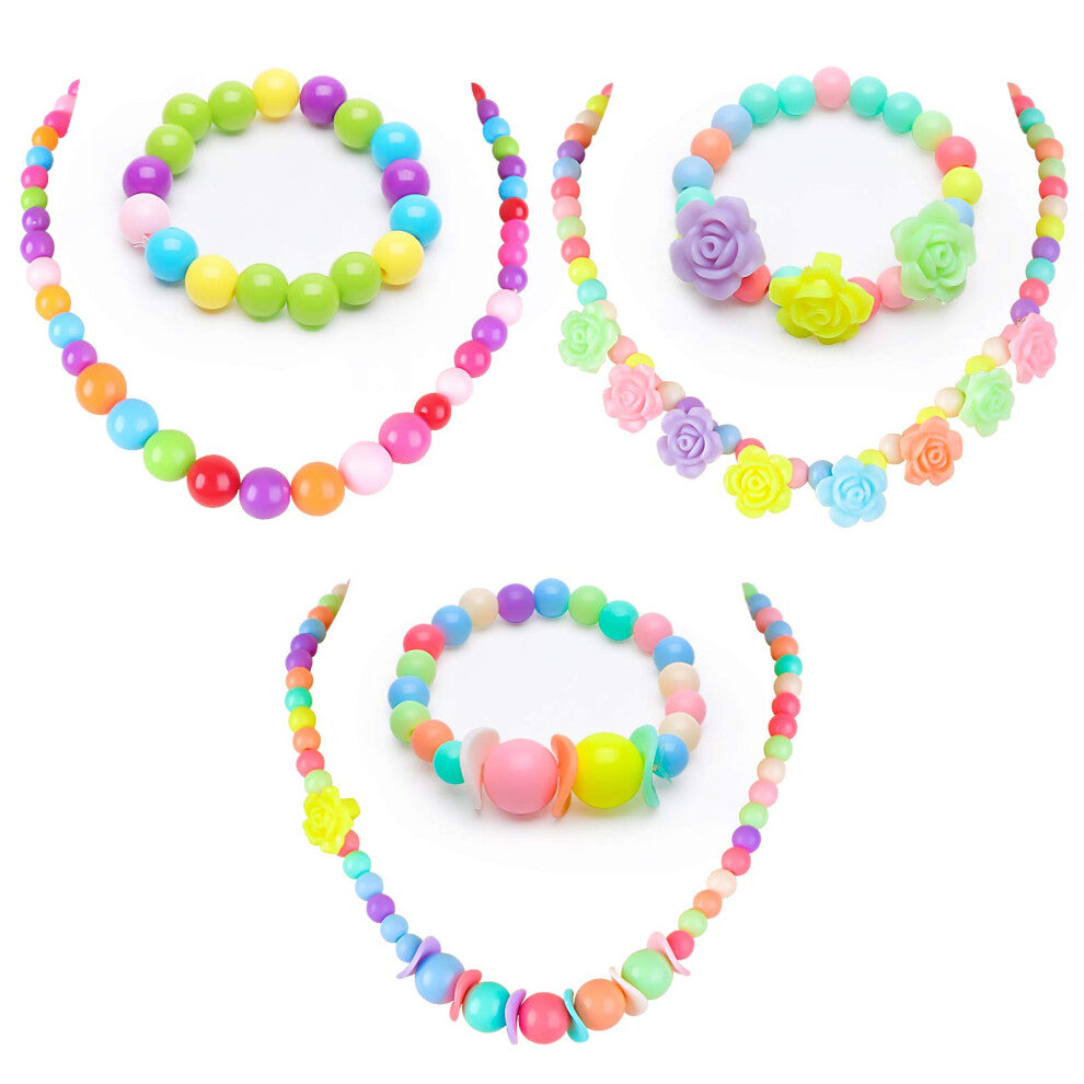 BigOtters Little Girls Necklace Bracelet  3 Sets Lovely Colorful Beads Jewelry Princess Dress up for Toddlers Kids Gift Pretend Play Party Favors
