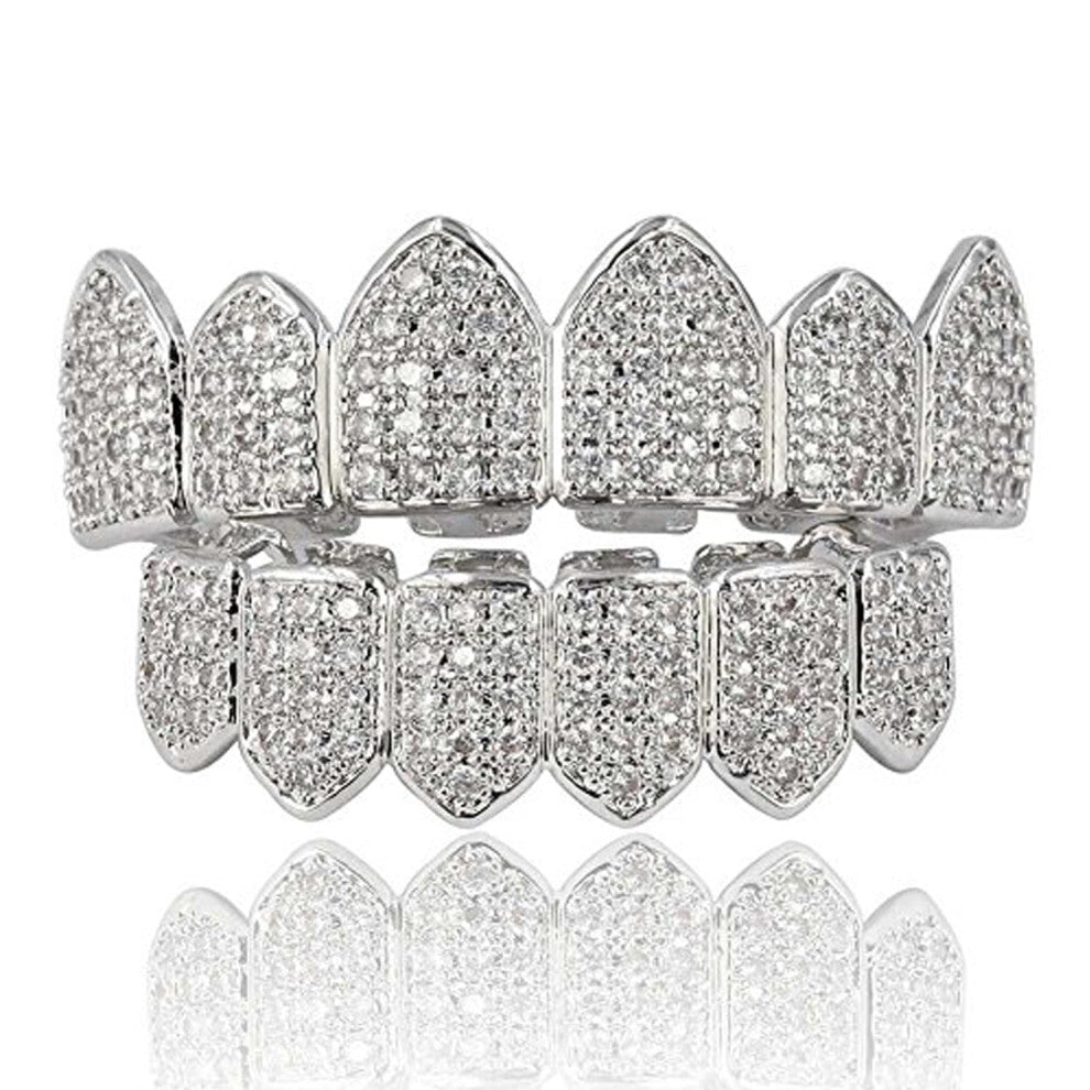 JINAO Diamond Grillz 18K Gold Plated Grills for Your Teeth Macro Pave CZ Iced Out Grill for Men Women With Extra Molding Bars Included Silver set