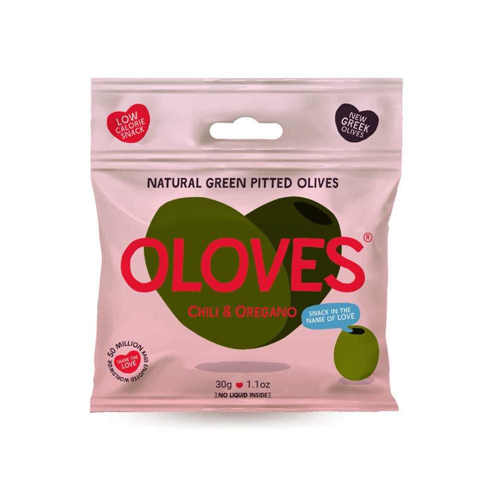 OLOVES green greek Pitted Olives  chili  Oregano  Vegan  Kosher  gluten Free  Keto Friendly  Fresh  All Natural Low calorie Healthy Snacks  (30 Pack