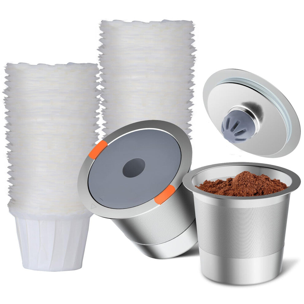Reusable k Cup Coffee Filters Universal stainless steel Refillable k Cups Filter with 100 Counts Coffee Filter Paper for 2.0 and 1.0 Coffee Makers 2pa