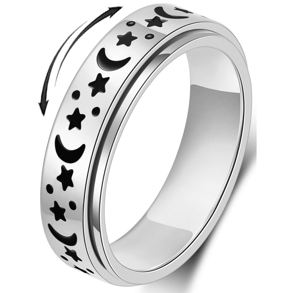 MHWTTY Anxiety Ring for Women Fidget Toys Adults Ring Stainless Steel Spinner Rings Moon Star Fidget Rings Gift for Women Men Silver Size 7