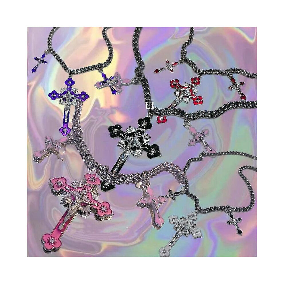 (Red) Pink Cross Necklaces For Women Y2k Fashion Gothic Couple Jewelry Japan Style Metal Chains Chokers Pendant Necklace