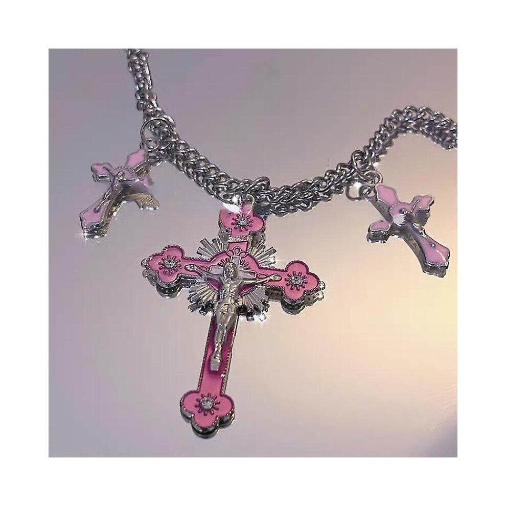 (Pink) Pink Cross Necklaces For Women Y2k Fashion Gothic Couple Jewelry Japan Style Metal Chains Chokers Pendant Necklace