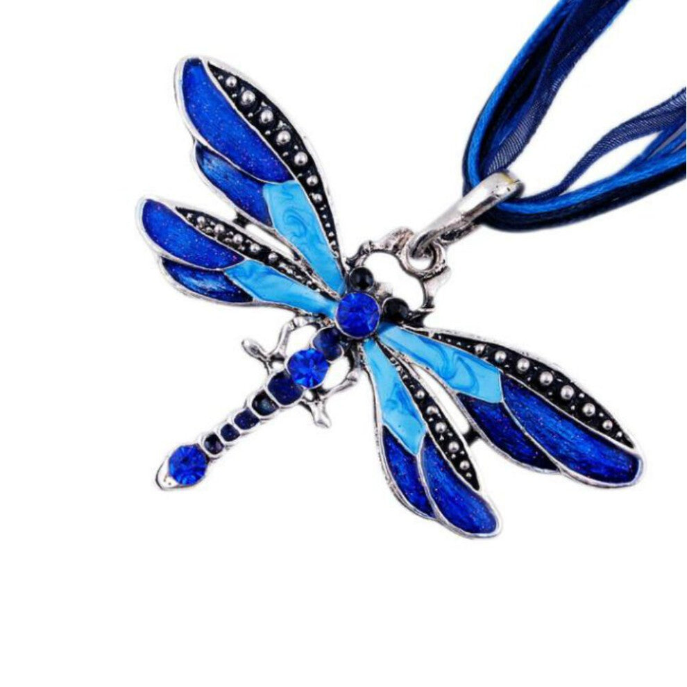 AKOAK Fashion Creative Bohemian Jewelry Ethnic Multi-layer Chain Colorful Enamel Dragonfly Pendant Necklace(Blue)