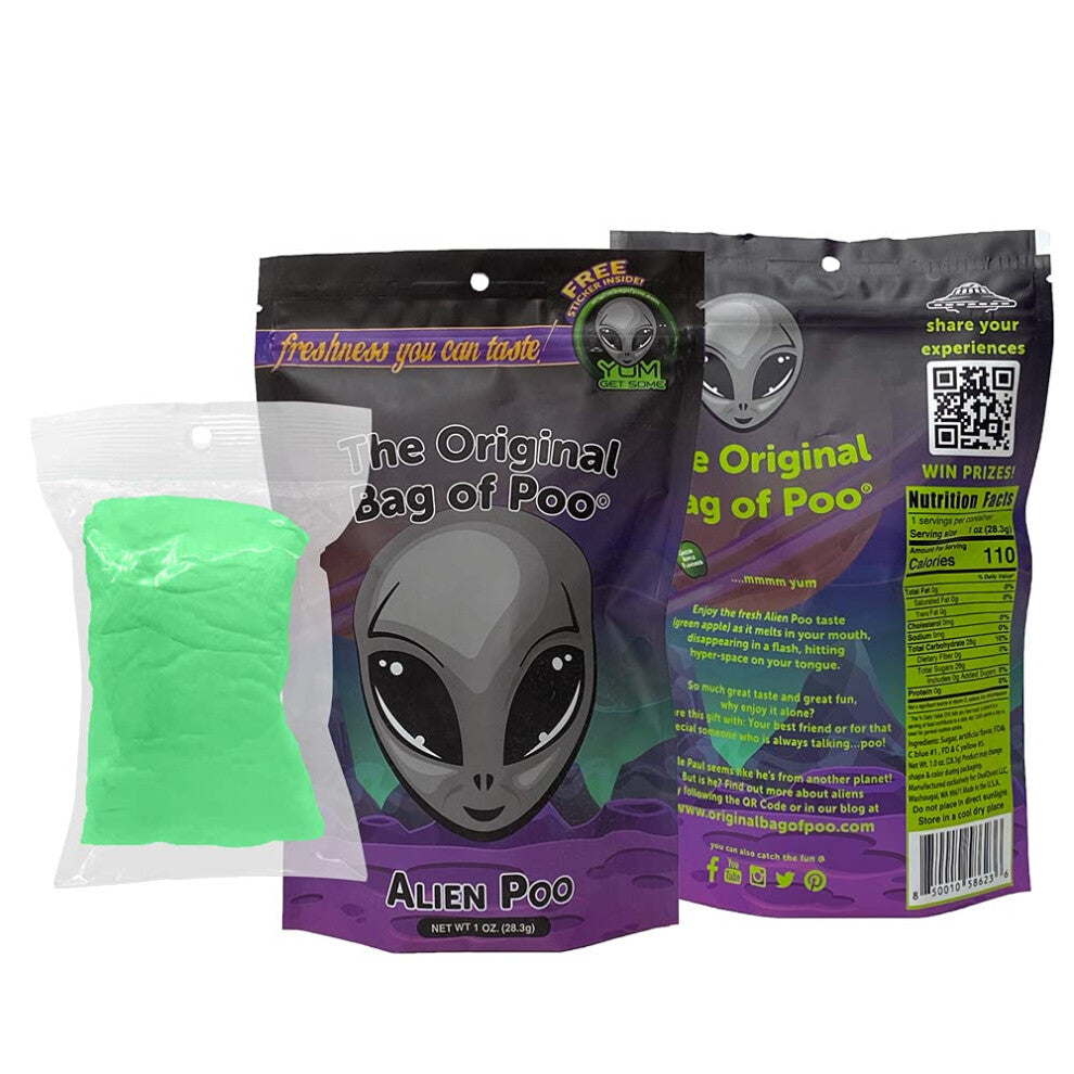 The Original Bag of Poo  Alien Poo (Green Apple flavored Cotton Candy) Novelty Poop Gag Gift (1 oz. single bag)  FREE sticker inside.
