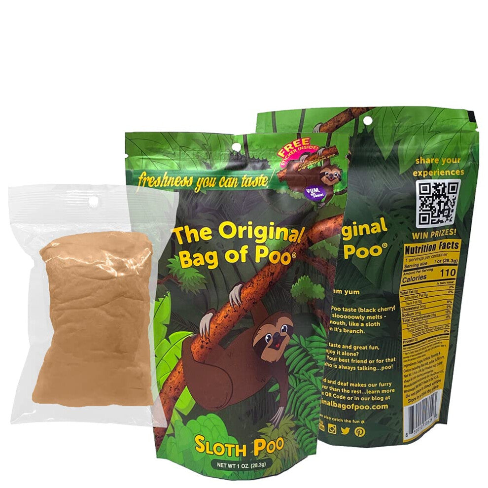 The Original Bag of Poo  Sloth Poo (Black Cherry flavored Cotton Candy)  Novelty Poop Gag Gift (1 oz. single bag)  Free sticker inside.