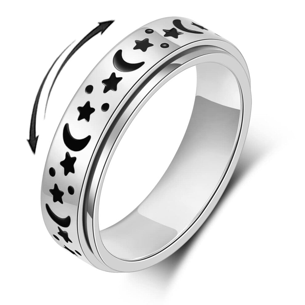 OreilleStar Anxiety Ring for Women Fidget Ring Stainless Steel Fidget Toys Adults Spinner Rings Silver Moon Star Fidgit Rings