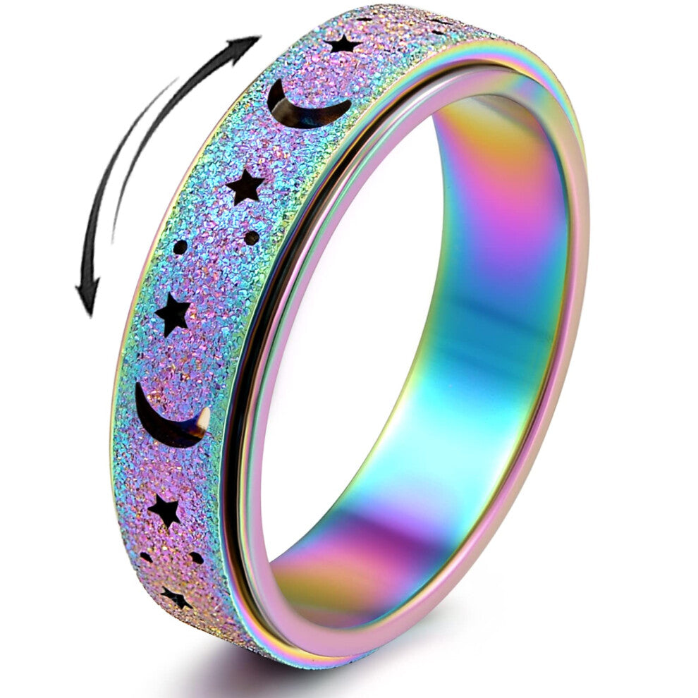 Anxiety Ring for Women Spinner Ring Fidget Ring Fidget Toys Adults Stainless Steel Thumb Rings for Women Fidgit Ring Men Moon Star Rainbow 6