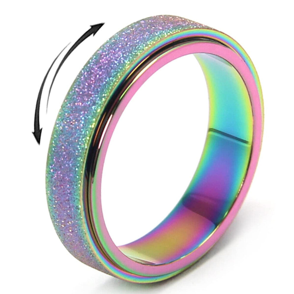 Anxiety Ring for Women Fidget Spinner Ring Fidget Toys Adults Titanium Stainless Steel Thumb Ring 6mm Wide Rainbow Size 9