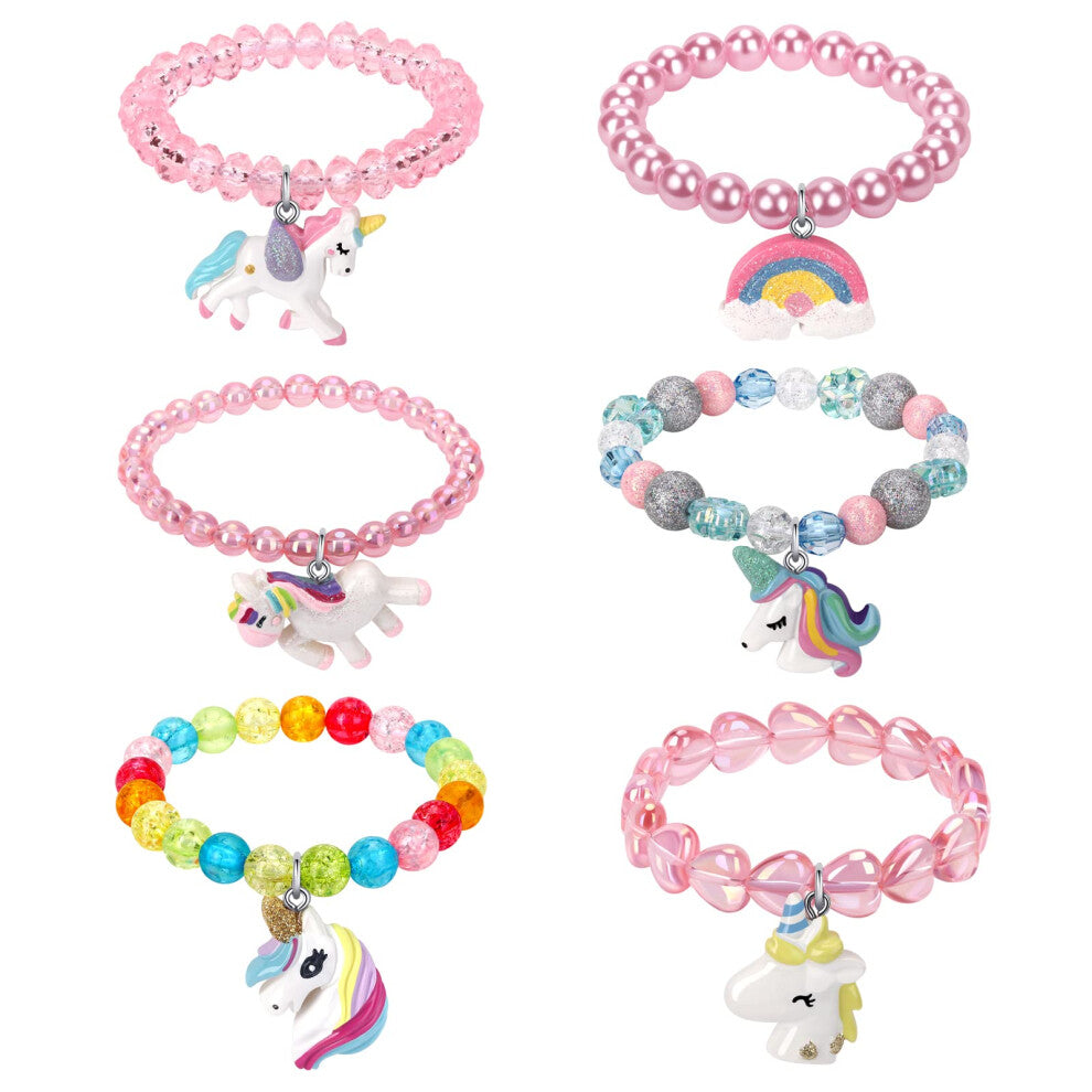 Set of 6 Unicorn Rainbow Bracelets  Little Girl Animal Bracelets  Teens Kids Unicorn Pendant Beaded Bracelet Girl Party Favor Pretend Play B
