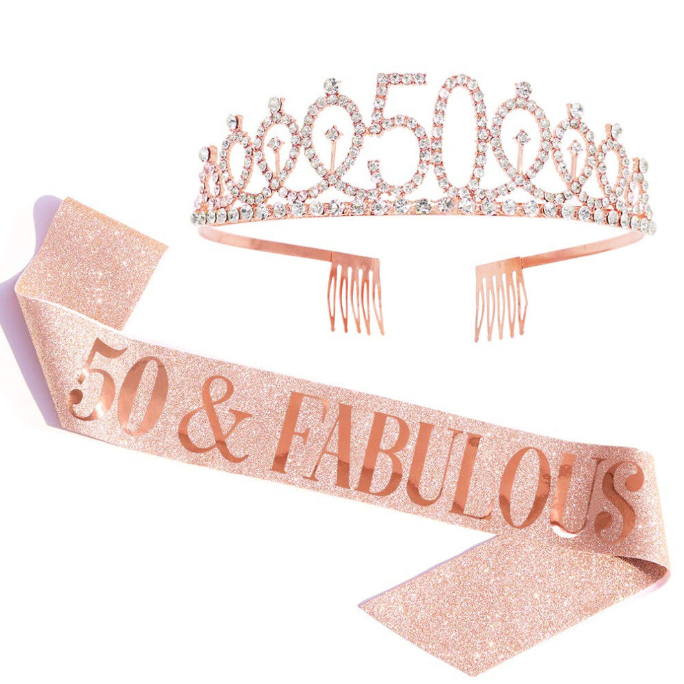 ""50 and Fabulous"" Sash & Rhinestone Tiara Set - 50th Birthday Sash 50 Birthday Gifts Party Favors