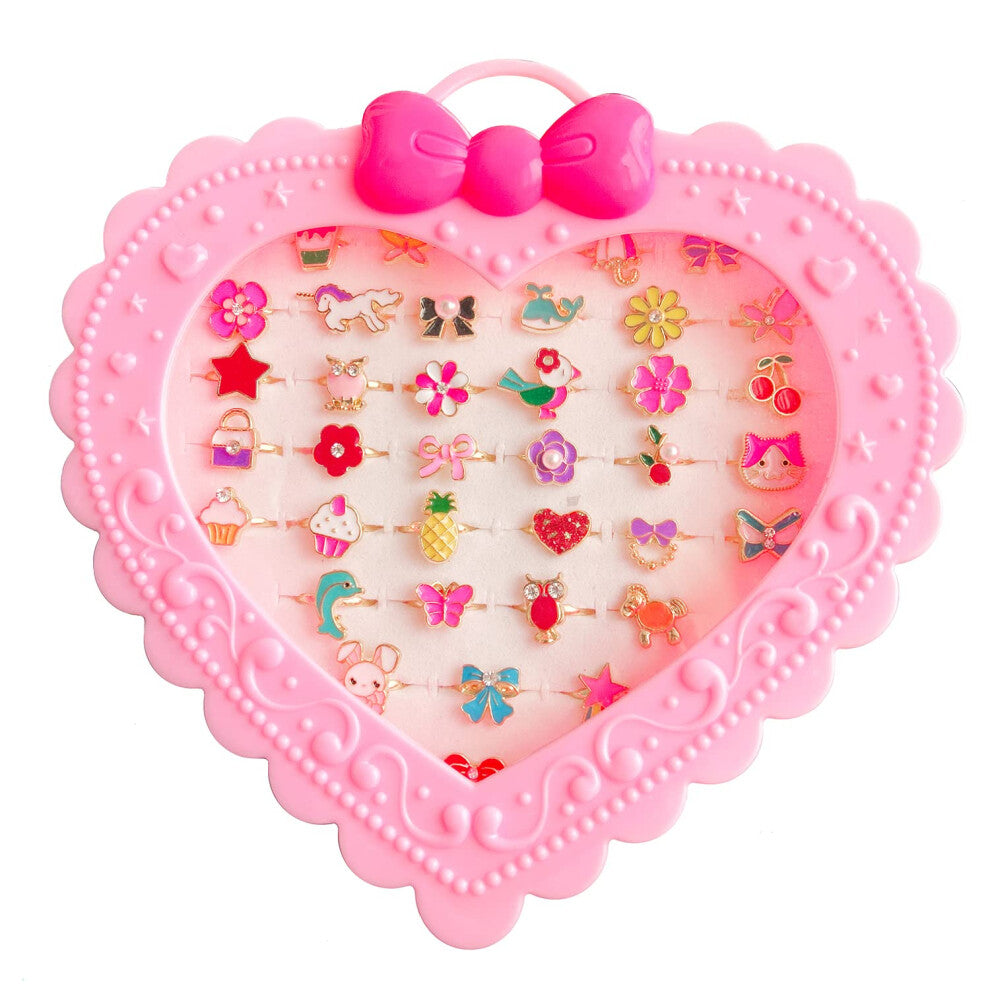 Elesa Miracle 36pcs Children Kids Little Girl Adjustable Jewelry Rings in Box  Girl Pretend Play and Dress Up Rings with Heart Shape Display Case