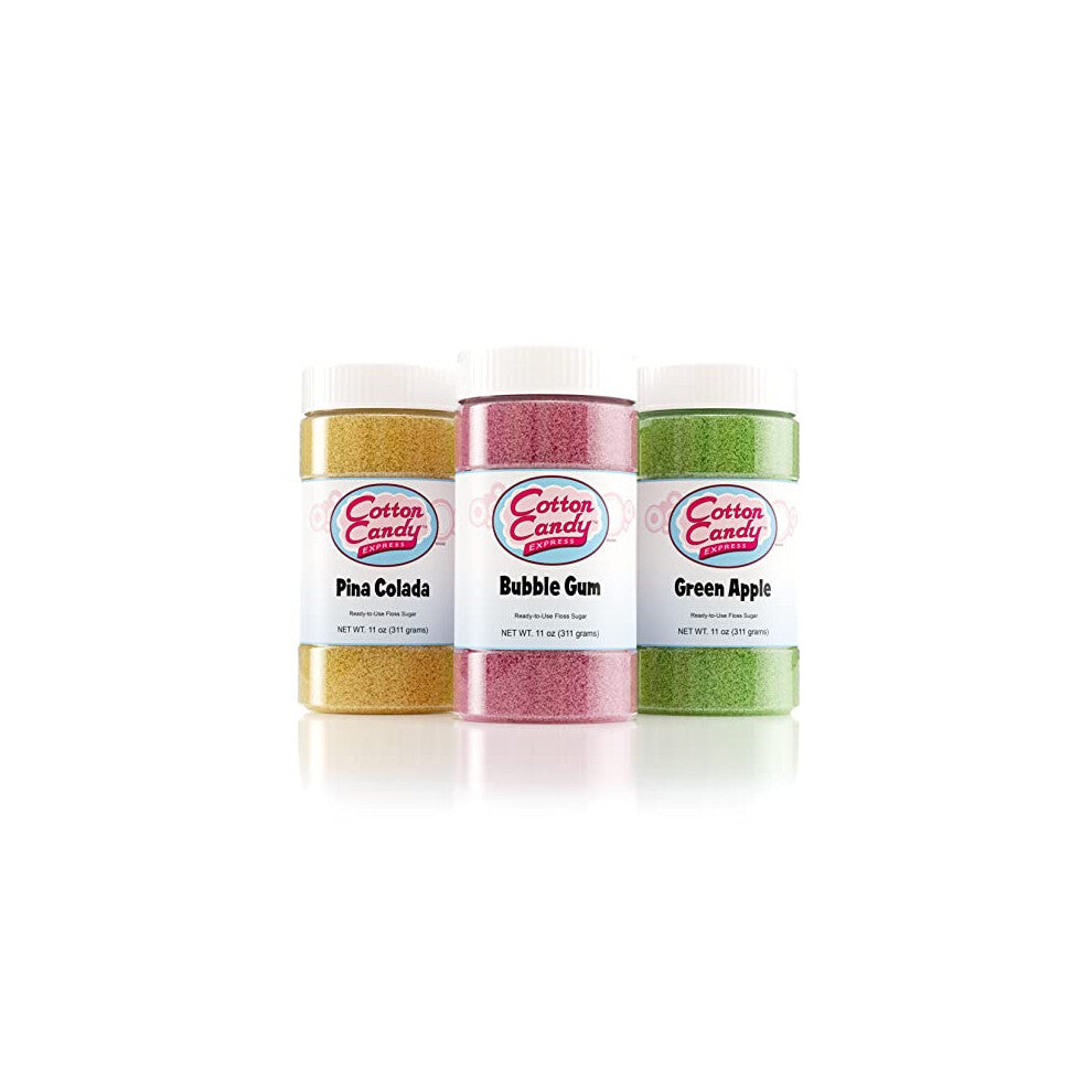 Cotton Candy Express Floss Sugar Variety Pack with 3 - 11oz Plastic Jars of Bubble Gum  Green Apple  Pina Colada Flossing Sugars. Use With Cotton Cand