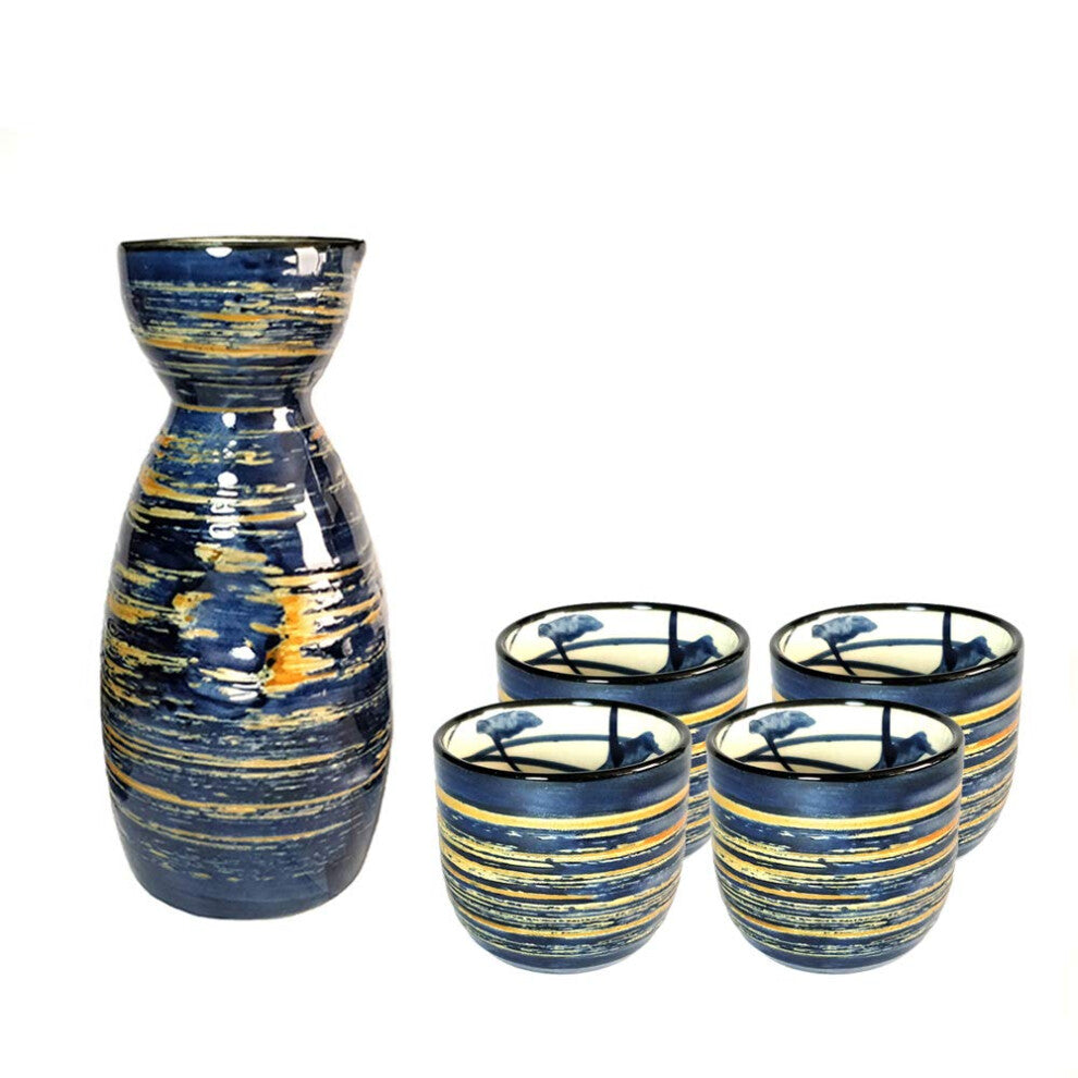 5 Pieces Sake Set 200ml Sake Pot 50ml Sake cup Set Japanese Traditional Hand Painted Design Porcelain Pottery ceramic cups crafts Wine glasses (Blue W