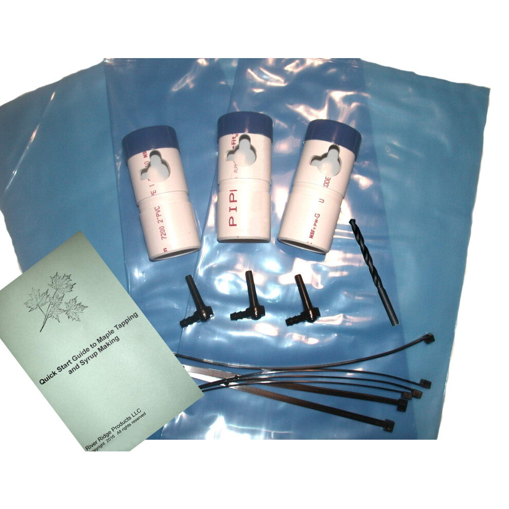 Maple Syrup Tapping Kit Trial Size with EZ Sap Sack Holders and Black Ecolo Spouts (3 Pack). Includes Quick Start Guide to Maple Tapping Booklet.