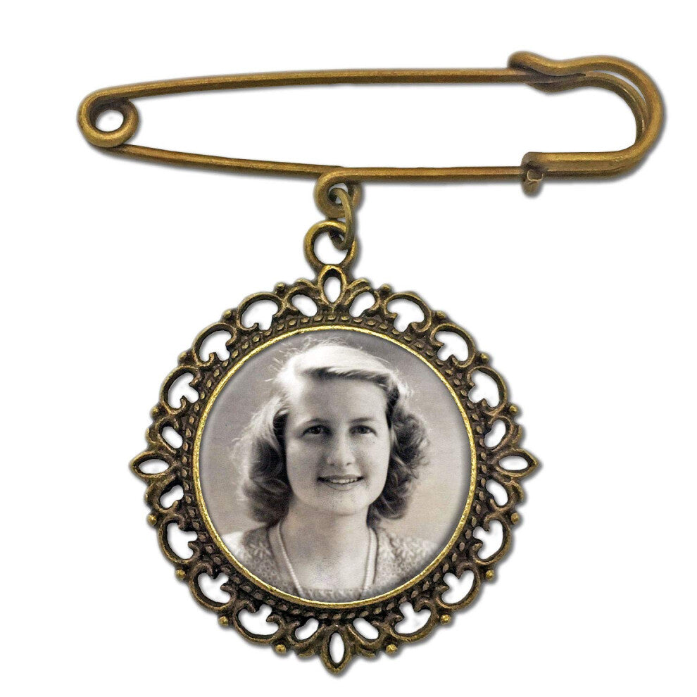 Wedding Boutonniere Bronze Gold Bouquet Photo Memorial Charm Pin Round Mother of The Bride Gift for Groom or Bride with Photo Resizing Software