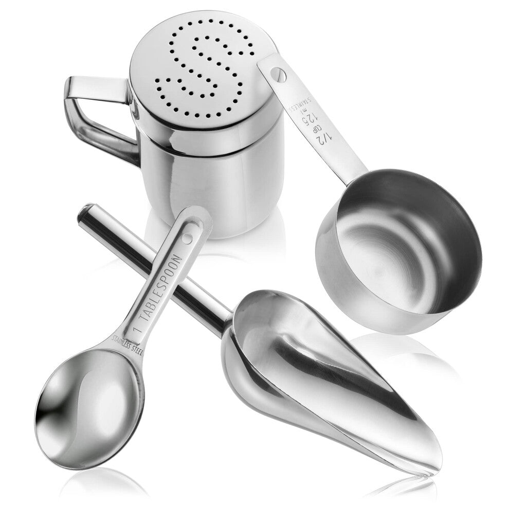 Olde Midway Stainless Steel Popcorn Machine Accessories - 4 Piece Set with Measuring Spoons Scoop and Salt Shaker