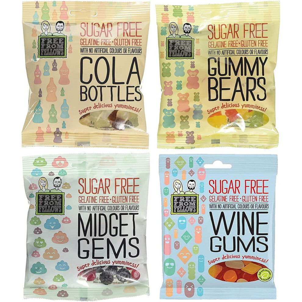 Sugar Free Sweets and Gluten Free Vegan Sweets! Free from Fellows 4 X 70g Sweet Packs - Cola Bottles, Gummy Bears, Wine Gums, and Midget Gems Value