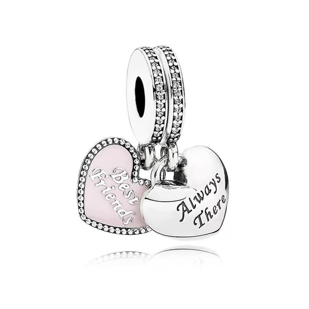Double dangle Best friend always there pink heart bead charm for women bracelet S925 Sterling Silver Gift For Women - friend birthday Gifts