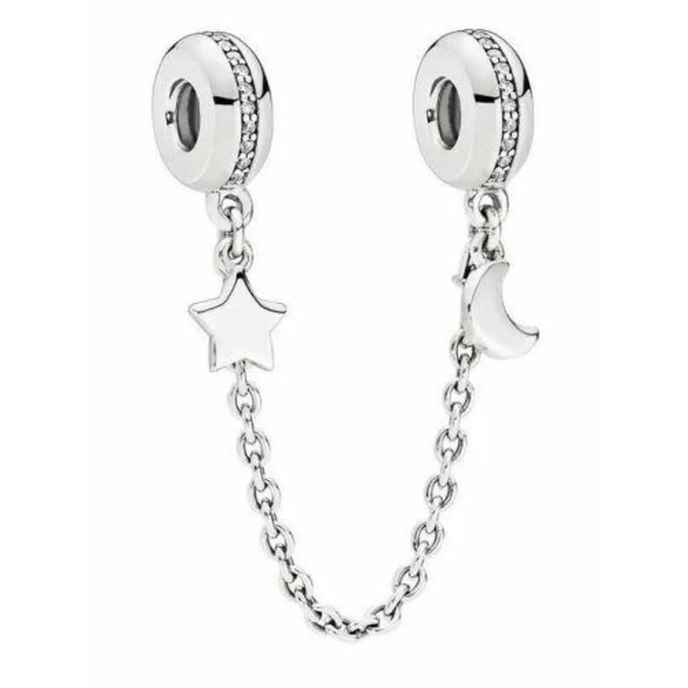 (Moon & star charm ) Silver-Gold safety chain charm, elegance, family heart safety charm for women bracelet S925 Sterling Silver Gifts For Women - fri