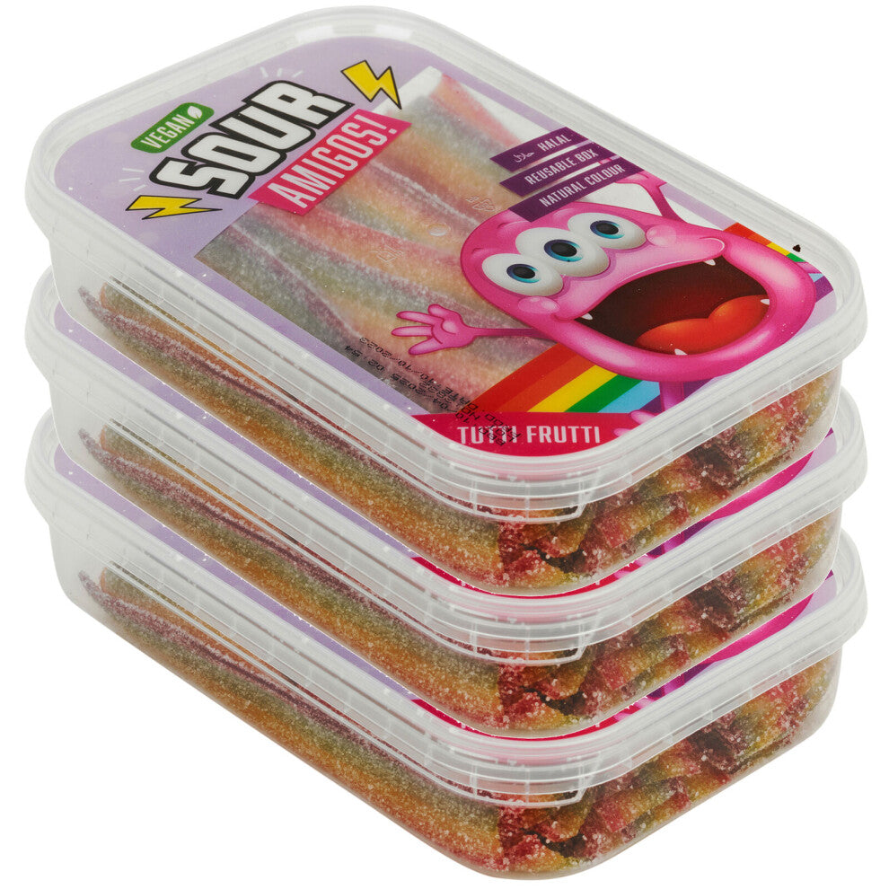 (3x Tutti Fruity) Fizzy Sour Candy Belts Halal Vegan Flavoured Sweets Strips Reusable Box Tub 300g