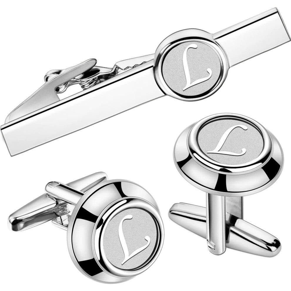 Mens Cufflinks and Tie Clip Set -Silver Initials L Formal Business Wedding Tuxedo Shirts (L(2Cufflink+Tie Clip))