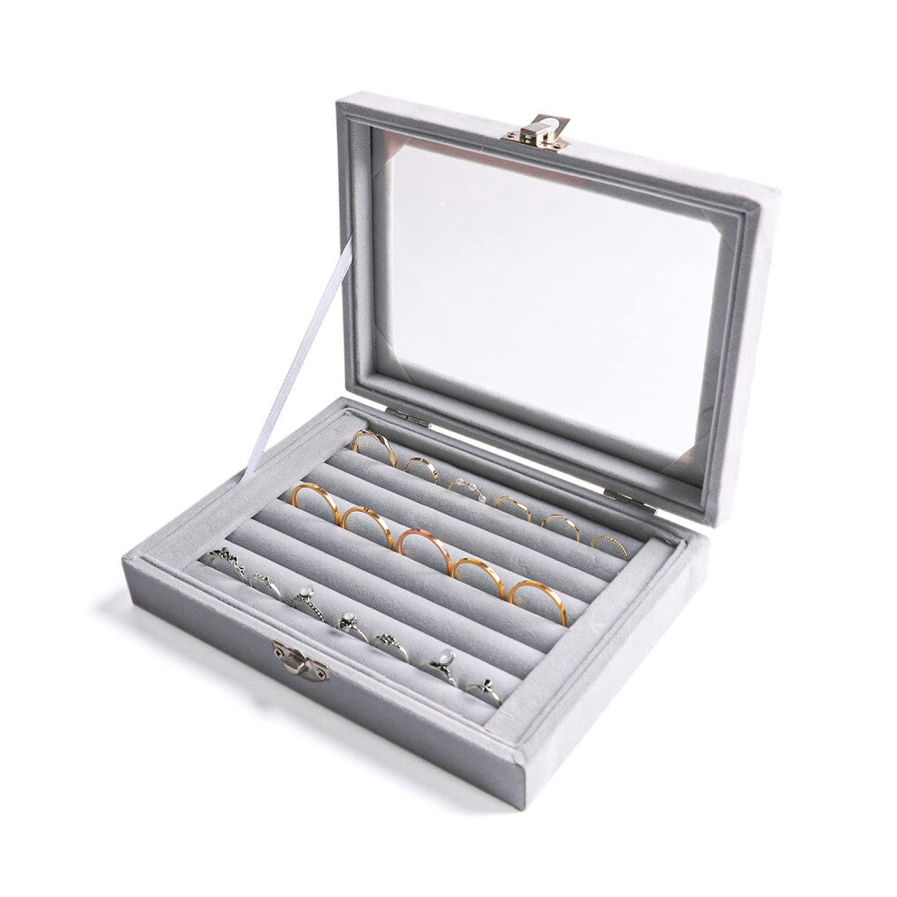 Frebeauty Rings-Earring Organizer Tray with Clear Lid 7 Slots Velvet Drawer Insert Jewelry Storage Box with Transparent lid Jewelry Display Case Showc