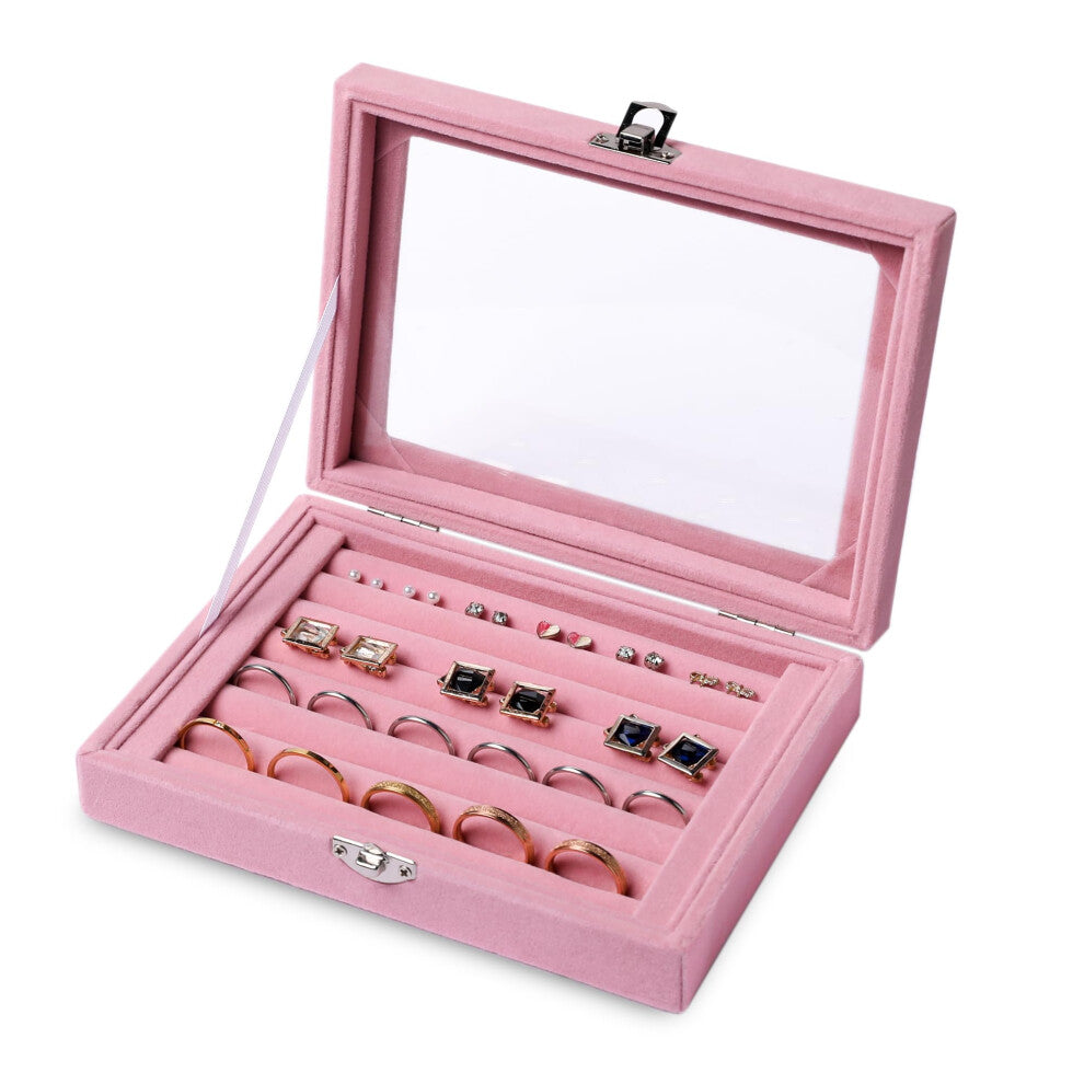 Frebeauty Rings-Earring Organizer Tray with Clear Lid 7 Slots Velvet Drawer Insert Jewelry Storage Box Jewelry Display Case Store Showcase Jewelry Box