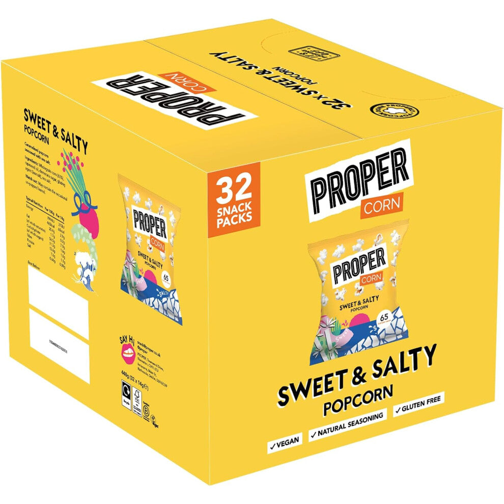 PROPERCORN Sweet & Salty Popcorn - Natural Sea Salt & Demerara Sugar Seasoning, Gluten-Free & Vegan, 32 x 14g, Code: Sweet & Salty Popcorn